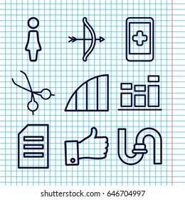 Set of 9 line outline icons such as woman, pipe, medical scissors, chart, thumb up, angle, paper, bow