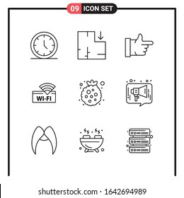 Set of 9 Line Style Icons for web and mobile. Outline Symbols for print. Line Icon Signs Isolated on White Background. 9 Icon Set.