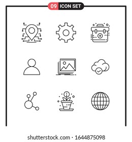 Conjunto de 9 iconos de estilo de línea para web y móvil. Símbolos de esquema para impresión. Señales de icono de línea aisladas en fondo blanco. 9 Conjunto de iconos.