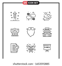 Conjunto de 9 iconos de estilo de línea para web y móvil. Símbolos de esquema para impresión. Señales de icono de línea aisladas en fondo blanco.9 Conjunto de iconos.
