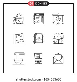 Set von 9 Line Style Icons für Web und Mobile. Umrisssymbole für den Druck. Liniensymbole einzeln auf weißem Hintergrund.9 Symbolsatz.
