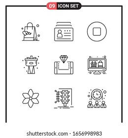 Set of 9 Line Style Icons for web and mobile. Outline Symbols for print. Line Icon Signs Isolated on White Background. 9 Icon Set.