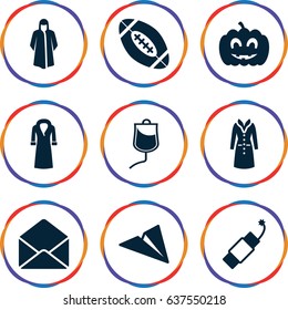 set of 9 linear filled icons such as overcoat, envelope, drop counter, pumpkin haloween, firework, american football