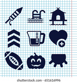 Set of 9 linear filled icons such as udder, add favorite, pumpkin haloween, fireworks, decanted, american football, pool ladder, tent