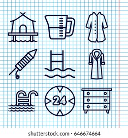 Set of 9 linear outline icons such as nightstand, overcoat, fireworks, decanted, pool ladder, tent, 24 hour