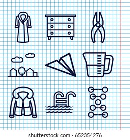 Set of 9 linear outline icons such as nightstand, overcoat, nippers, city landscape, decanted, pool ladder, dna