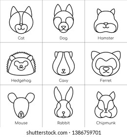 A Set Of 9 Linear Vector Illustrations Of Pet Faces: Cat, Dog, Hamster, Hedgehog, Guinea Pig, Ferret, Mouse, Rabbit, Chipmunk. Suitable For Web, Books, Logo.