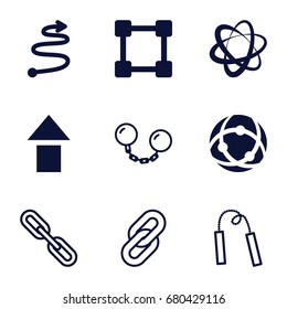 Set Of 9 Link Filled And Outline Icons Such As Curved Arrow, Chain, Ball Chain, Chain Weapon, Arrow Up, Network Connection