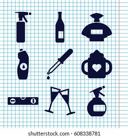 Set of 9 liquid filled icons such as baby bottle, perfume, spray bottle, level ruler, pipette