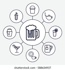 Set of 9 liquid outline icons such as teapot, Cocktail, bucket, dish, paint bucket, heart test tube, tea cup, cocktail