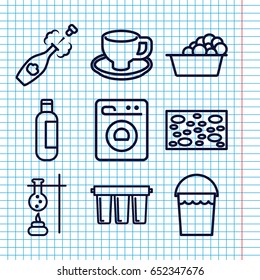 Set of 9 liquid outline icons such as bottle, bucket, sponge, laundry, coffee cup, champagne, washing machine, filter