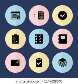 Set of 9 list filled icons such as notepad, checklist, paper, plan, tick, check list