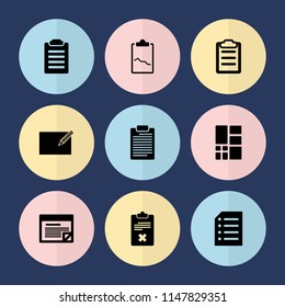 Set of 9 list filled icons such as clipboard, paper, grid, plan, check list, clipboard with chart