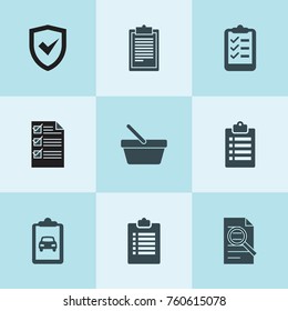 Set of 9 list filled icons such as clipboard, car service list, list, document search, paper, insurance