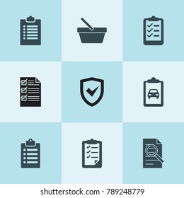 Set of 9 list filled icons such as clipboard, car service list, list, document search, paper, insurance, shopping bucket