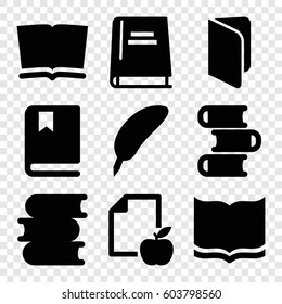 Set of 9 literature filled icons such as book, paper and apple
