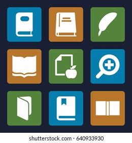 Set of 9 literature filled icons such as book, paper and apple, zoom in