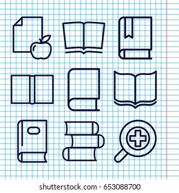 Set of 9 literature outline icons such as book, paper and apple