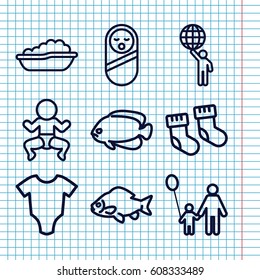 Set of 9 little outline icons such as fish, baby socks, baby onesie, man holding globe, father and son