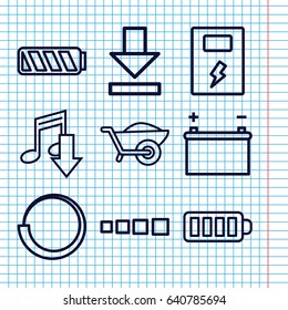 Set of 9 load outline icons such as wheelbarrow, baterry, download, battery, loading