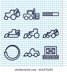 Set of 9 loader outline icons such as forklift, excavator, cargo on palette