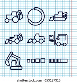 Set of 9 loader outline icons such as excavator, forklift