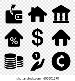 Set of 9 loan filled icons such as Coin, Wallet, bank, home, mortgage, coin