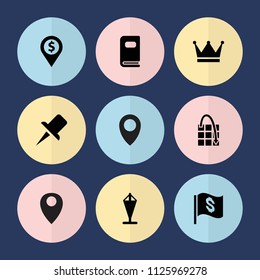 Set of 9 location filled icons such as photo album, flag, crown, dollar location, location, flag with dollar, pin