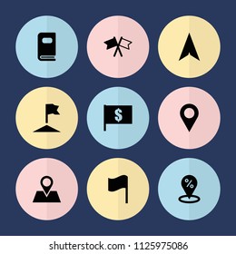 Set of 9 location filled icons such as location, flag with dollar, flag, photo album