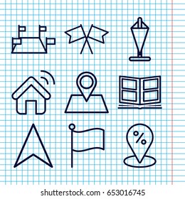 Set of 9 location outline icons such as navigation arrow, location pin, flag, photo album, house signal, sale location