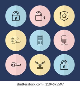 Set of 9 lock outline icons such as lock, key, watering system, home security