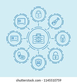 Set of 9 lock outline icons such as car key, car alarm key, money lock, safe, money case, bank insurance, money security