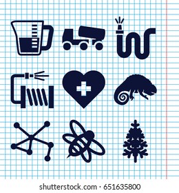 Set of 9 logo filled icons such as chameleon, concrete mixer, water hose, pine-tree, bee, connection, decanted