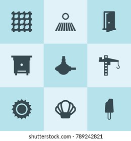 Set of 9 logo filled icons such as field, hive, spherical bearing, tower crane, metal fence, door, sun, ice cream