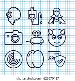 Set of 9 logo outline icons such as radar, lion, peach, mouse toy, maid, drop counter, heart with camera, devil emot