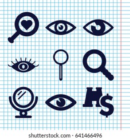 Set of 9 look filled icons such as mirror, eye, magnifier, search, binoculars with dollar sign