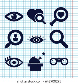 Set of 9 look filled icons such as eye, heart search, search, user search, binoculars