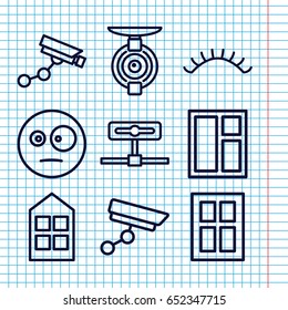 Set of 9 looking outline icons such as window, eyelashes, security camera, security camera