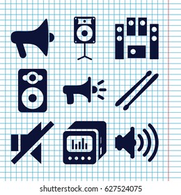 Set of 9 loud filled icons such as speaker, no sound, loud speaker set, drum stick, loud speaker with equalizer, loudspeaker, volume