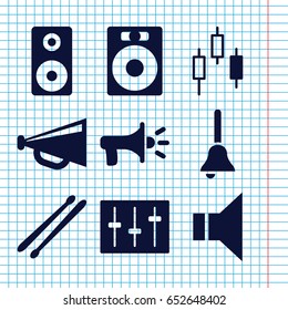 Set of 9 loud filled icons such as megaphone, sliders, drum stick, loudspeaker, bell, speaker
