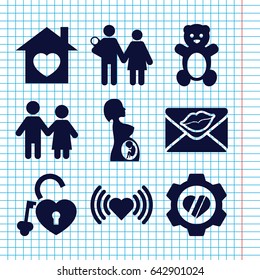 Set of 9 love filled icons such as teddy bear, heart, heart in gear, love letter, pregnant woman, couple
