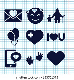 Set of 9 love filled icons such as baby hands, emot in love, heart with cross, phone with heart