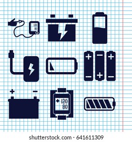 Set of 9 low filled icons such as battery, blood pressure measure, blood pressure