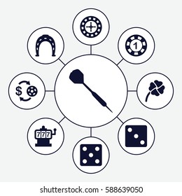 Set of 9 luck filled icons such as Roulette, Slot machine, Casino chip and money, 1 casino chip, Horseshoe, Dice, clover