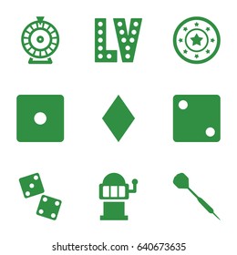 set of 9 luck filled icons such as diamonds, casino chip, dice, roulette, slot machine, vegas, dart