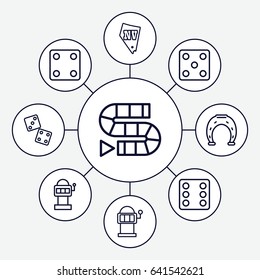 Set of 9 lucky outline icons such as dice, slot machine, vegas, horseshoe, dice, dice game