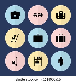 Set of 9 luggage filled icons such as man with case, luggage, case