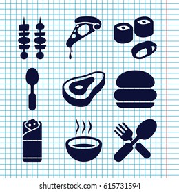 Set of 9 lunch filled icons such as beef, pizza, burrito, fork and spoon, spoon, soup, kebab, sushi