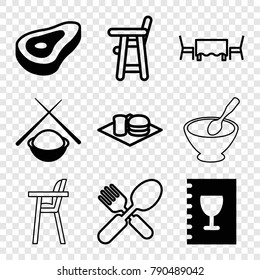 Set of 9 lunch filled and outline icons such as beef, menu, asian food, baby chair, soda and burger, fork and spoon, restaurant table