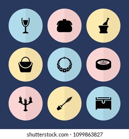 Set of 9 luxury filled icons such as mascara, woman bag, chest, purse, champagne,  candlestick, necklace